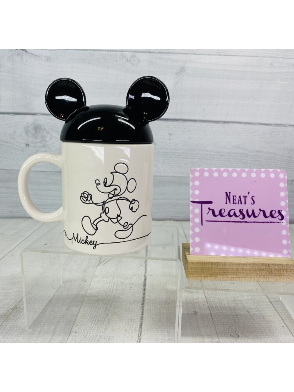 Disney MICKEY MOUSE Sketch Black Outline Ears Lid 17oz Ceramic Coffee Mug Cup
